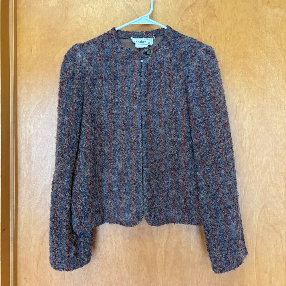 Donnkenny Jacket Women 10 Brown Blue Lambswool Blend Boucle Cropped J-6721